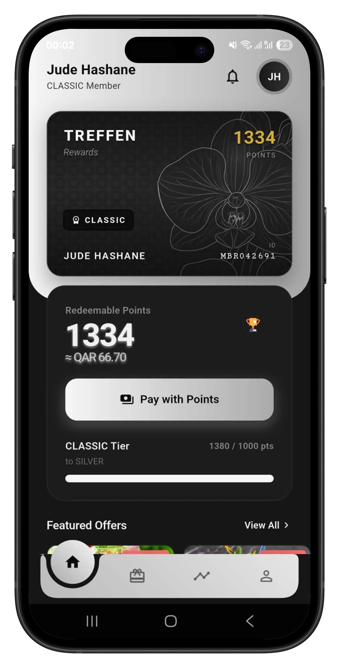 Treffen Loyalty app showcase — dashboard with points and rewards
